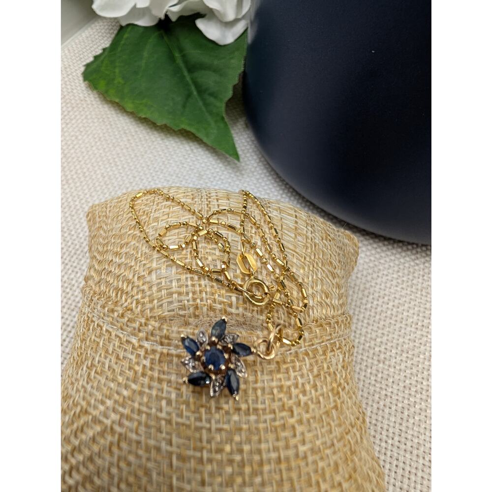 Solid 14K Gold Natural Blue Sapphire & Diamond Flower Pendant Necklace 585 Italy - Picture 11 of 16